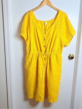 Yellow Eyelet Dress Button Front Drawstring V-Neck 2X Coastal Cottagecore Summer